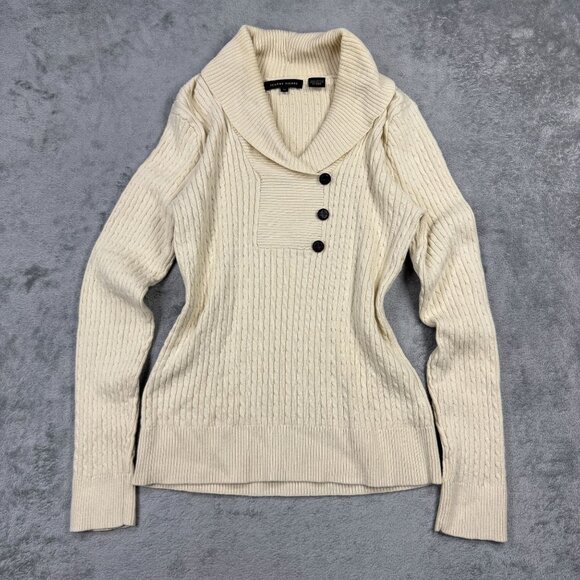 Jeanne Pierre Cream Cable Knit Sweater Womens M Shawl Collar Button Pullover Top - Picture 2 of 10